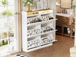Shoe Cabinet 6 Drop-Down Compartments LED Lighting Open Storage White Natural Finish