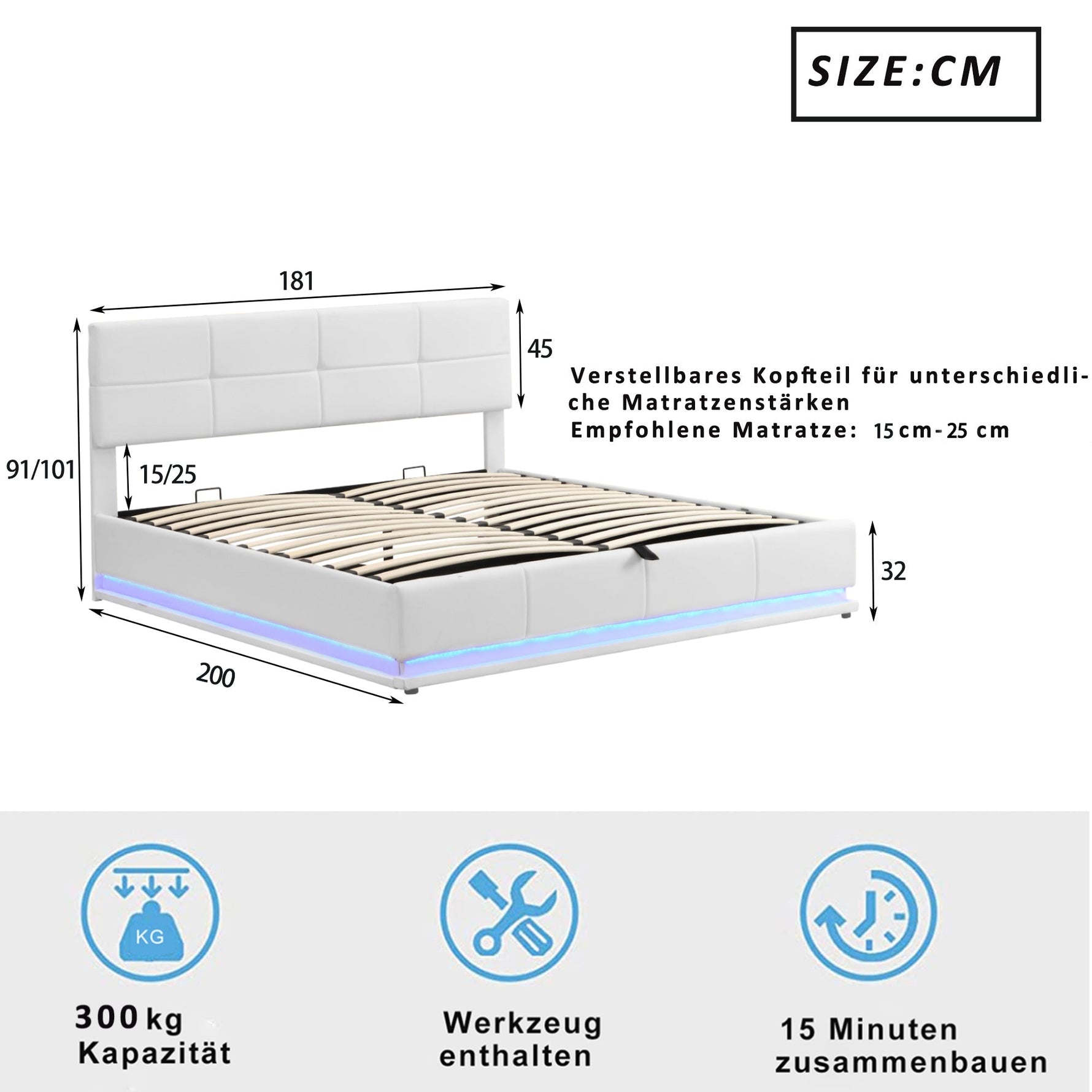 Upholstered Bed 180x200cm Hydraulic Storage LED Faux Leather - White