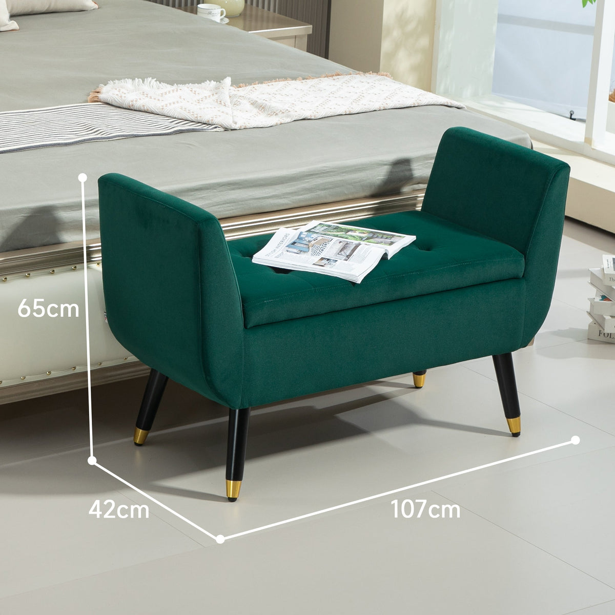Luxury Upholstered Bench, Storage Armrests Chest, Velvet Polyester Rubberwood Green