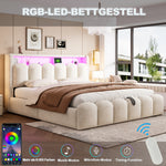 Upholstered Bed 180x200cm with Storage & LED, Beige Velvet