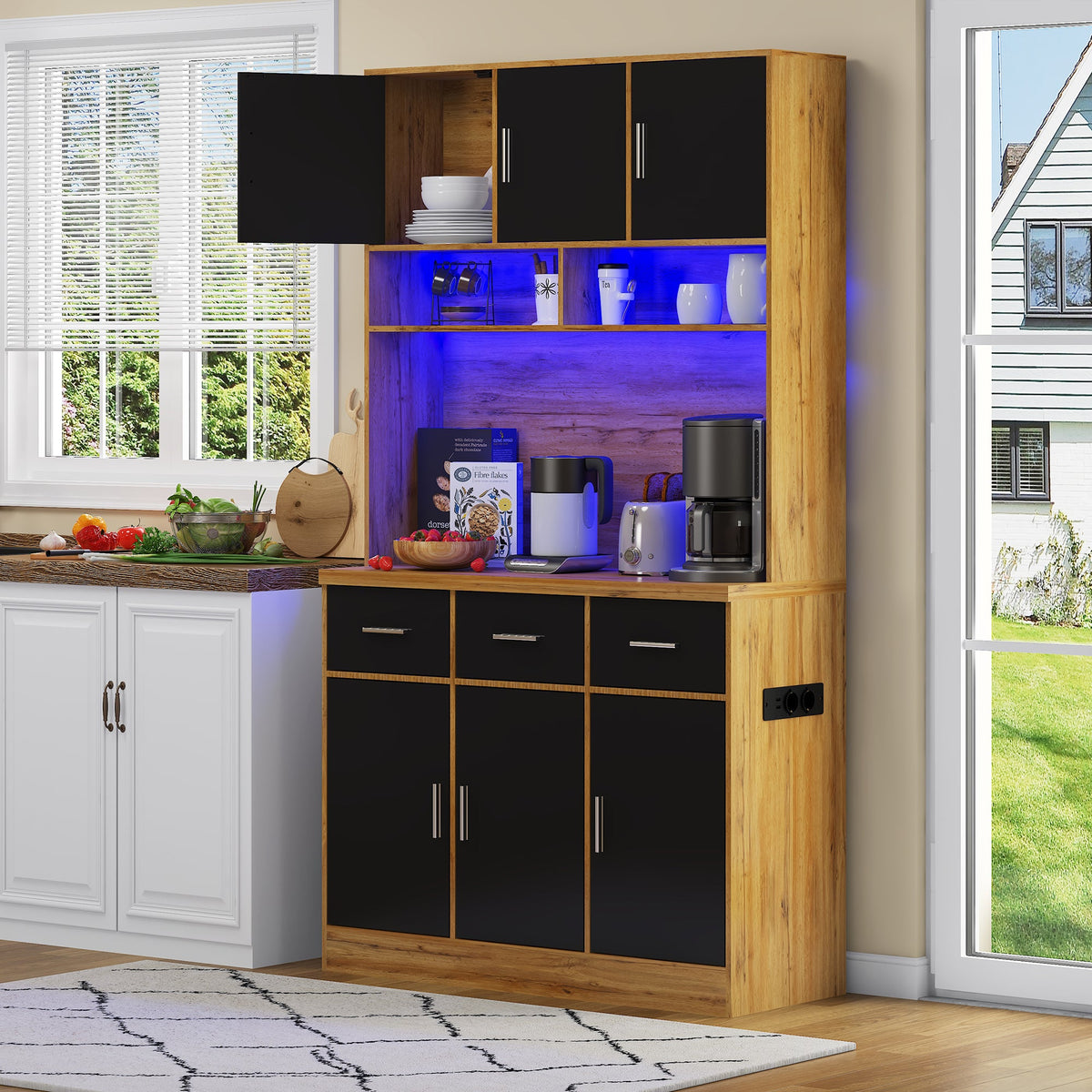 Multifunctional Buffet, 100x40x180cm with LED & App Control, Natural-colored/Black PB, MDF
