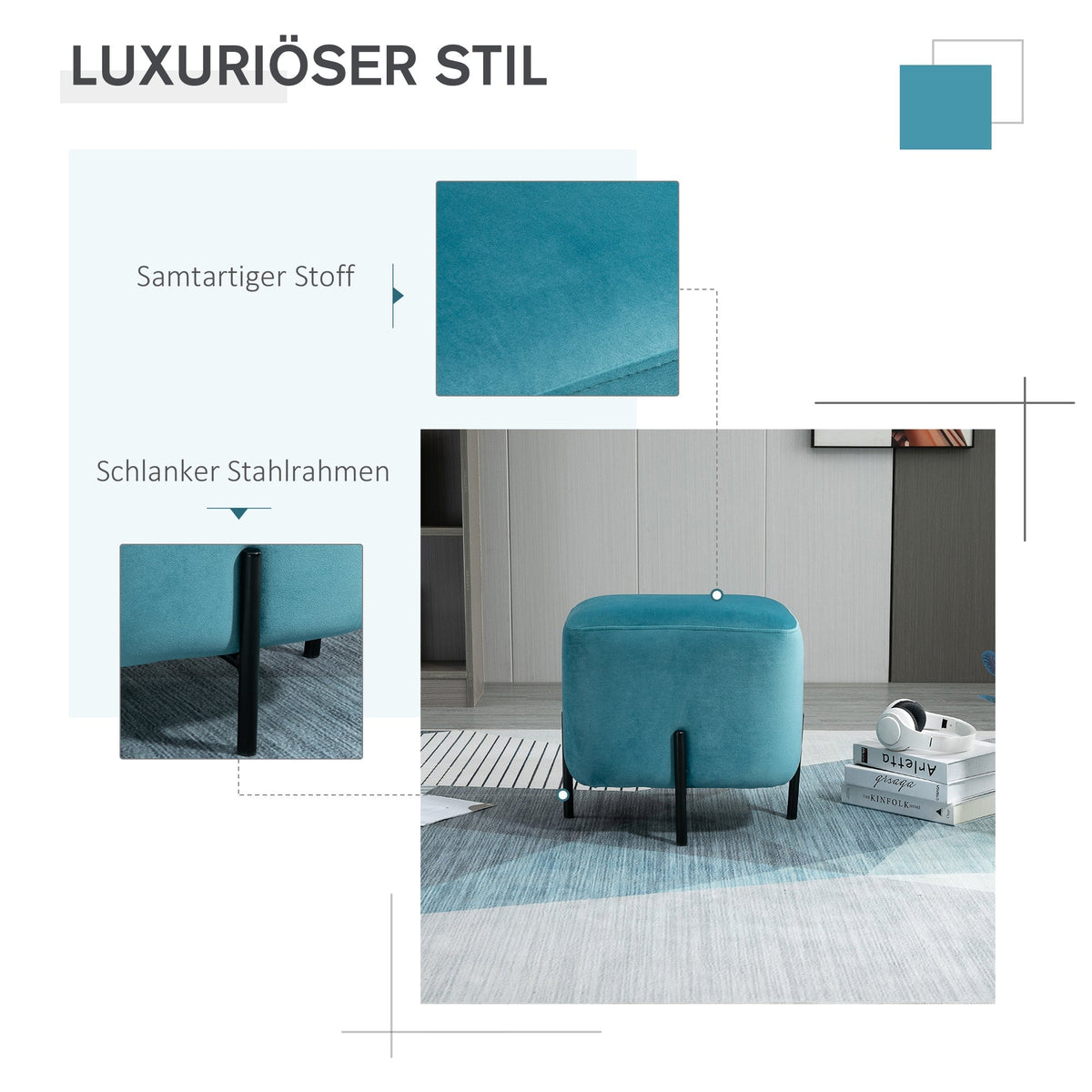 Footstool, Padded Footrest, Polyester & Steel, Turquoise