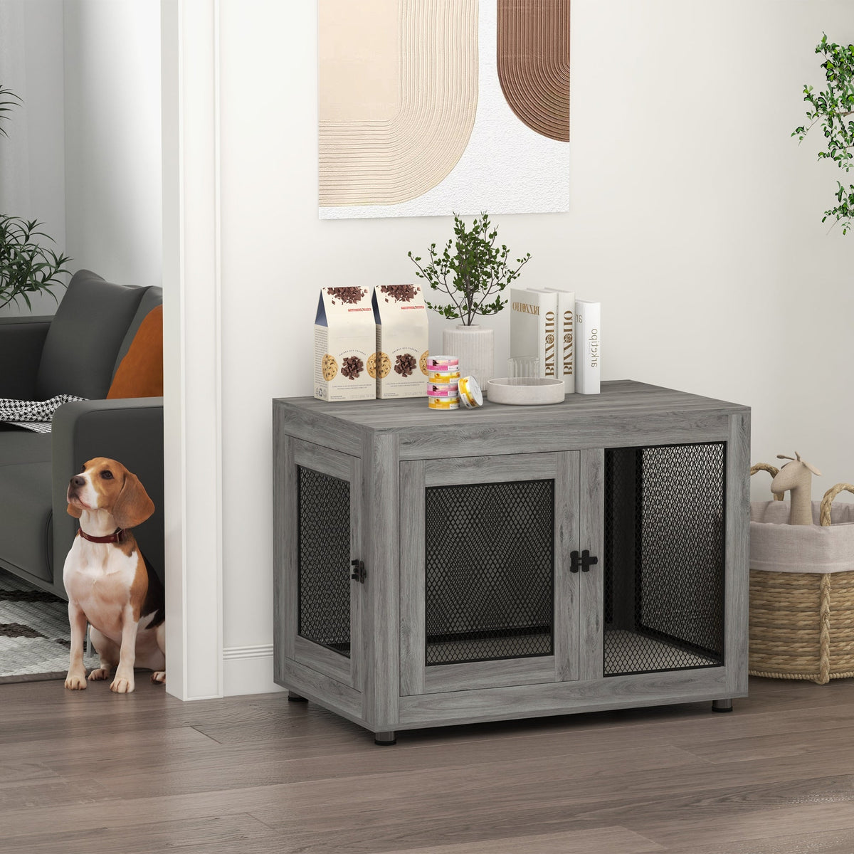Dog Cage, 2 Doors, Washable Cushion, Adjustable Feet, Grey