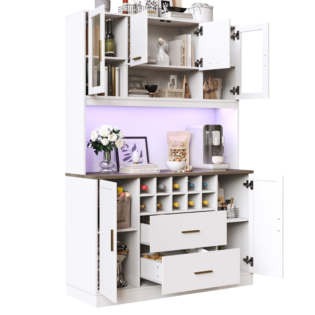 Sideboard Kitchen Cabinet with LED Lighting and Socket, Black and White