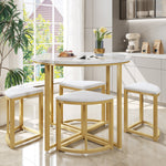 Dining Table Set with 4 Chairs, Modern Luxury MDF Gilded Iron Velvet, White