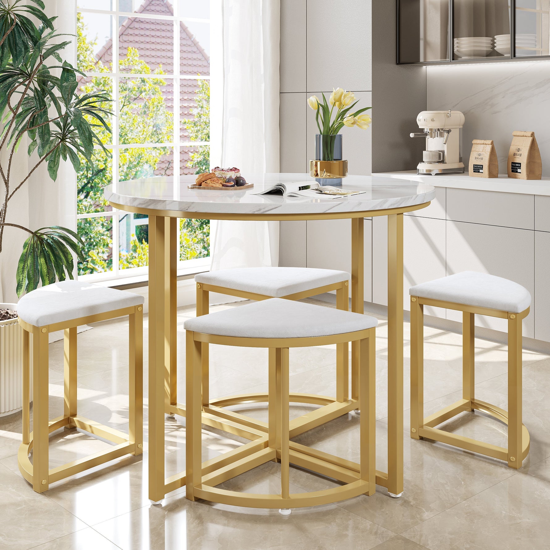 Dining Table Set with 4 Chairs, Modern Luxury MDF Gilded Iron Velvet, White