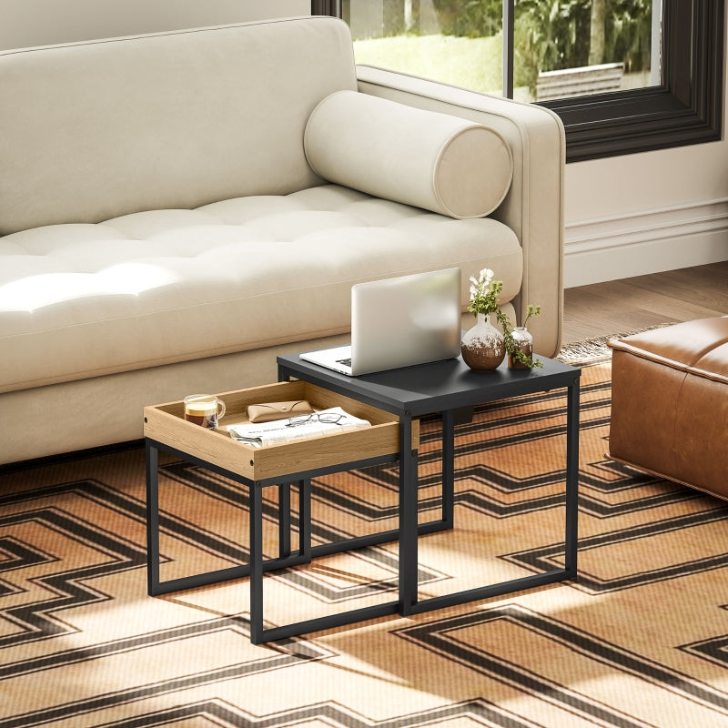 Modern Coffee Table, Set of 2 Sofa Tables, Square, MDF Metal Black