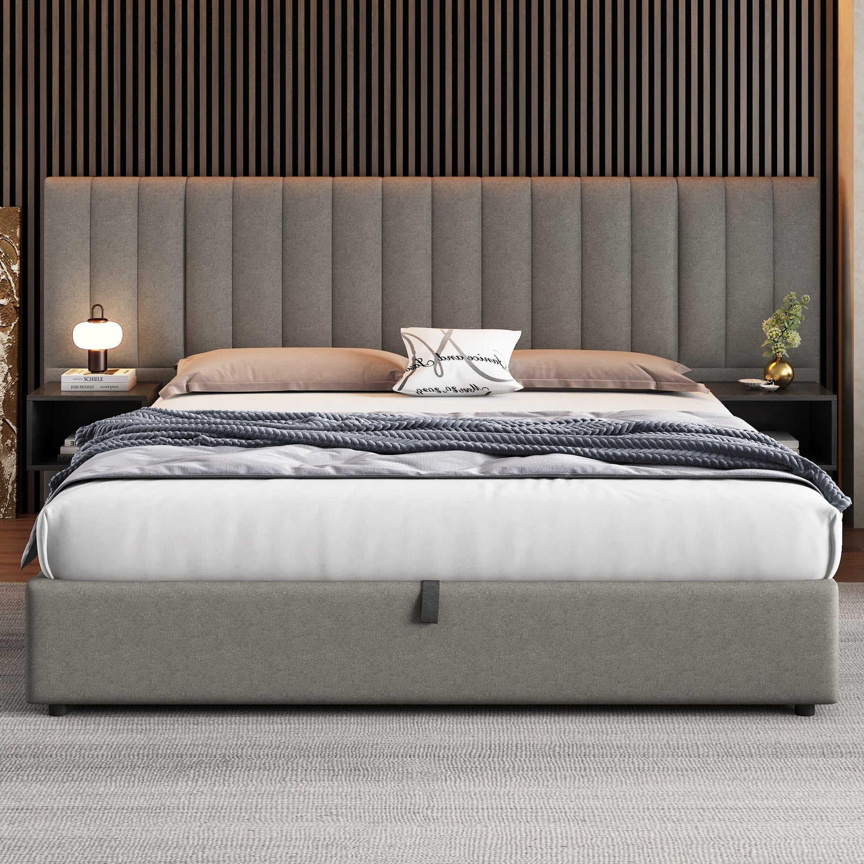 Upholstered Bed 180x200cm Hydraulic Storage 2 Bedside Tables - Linen Grey/Black