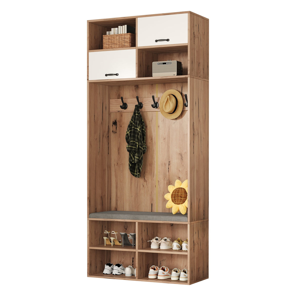 Wardrobe Set Hallway Bench 5 Hooks 2 Doors 6 Storage 80x185x35cm, Natural Wood/White
