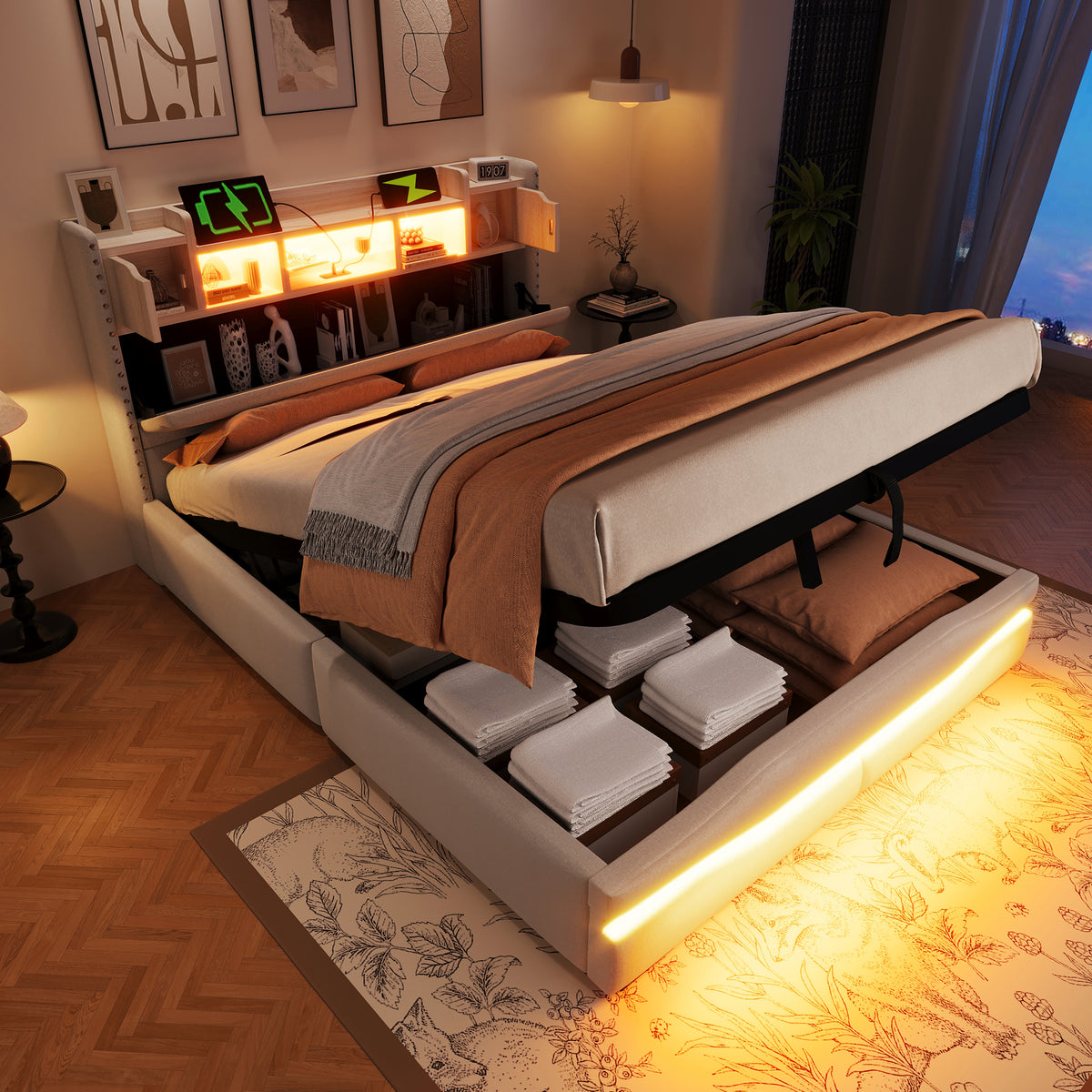 Upholstered Hydraulic Storage Bed 140x200cm LED Light, Beige