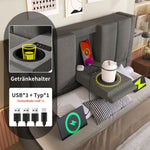 Upholstered Single Bed 90x200cm Hydraulic Storage Cup Holder Charging Station Linen Grey