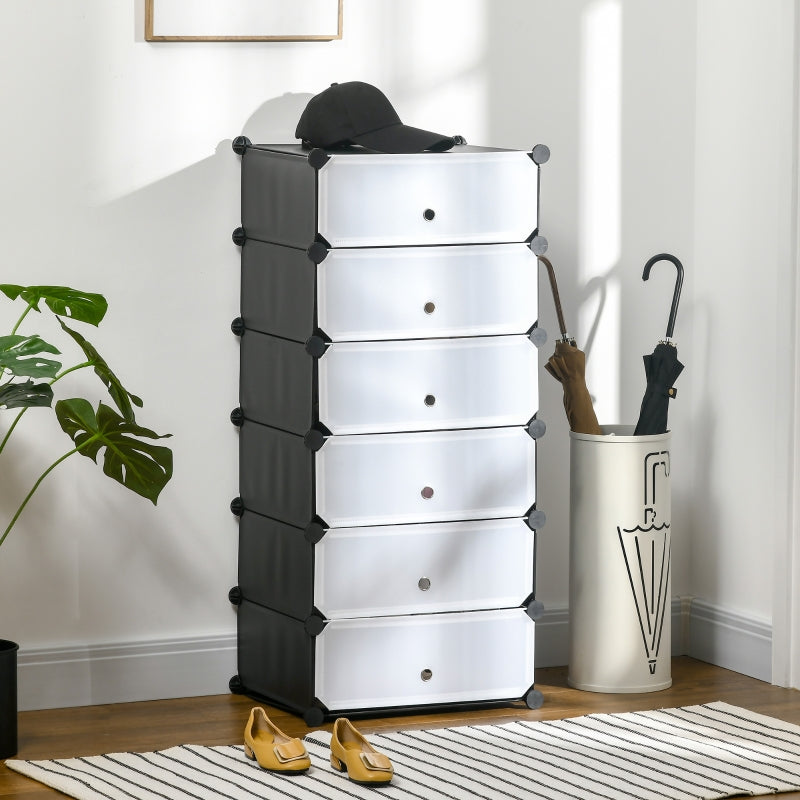 Shoe Rack Shelf for 6 Pairs of Shoes, Modular DIY, Plastic Black+White