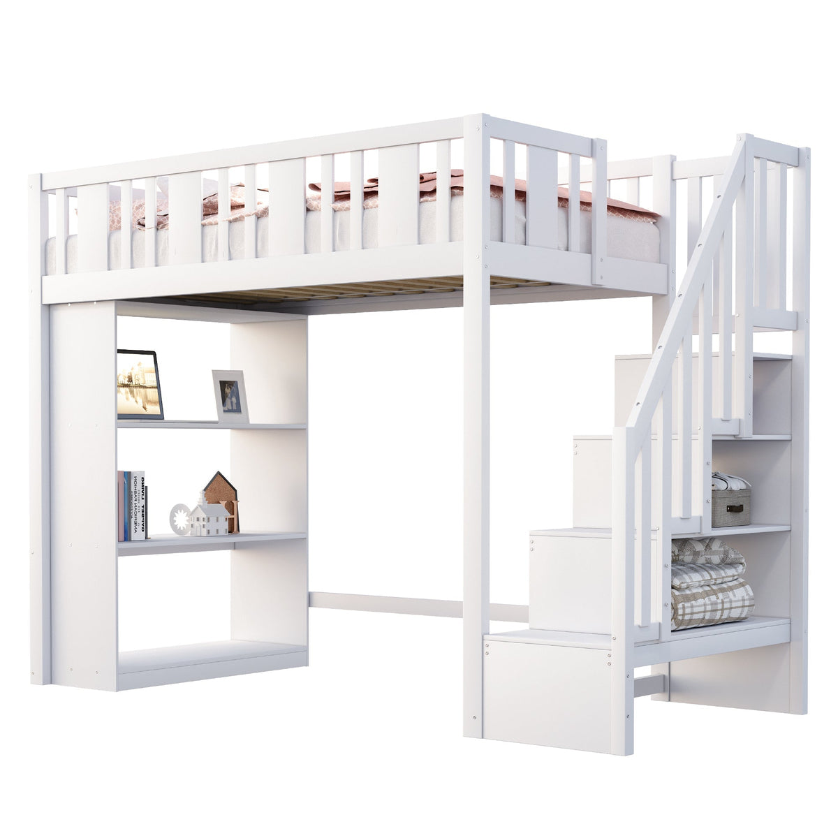 Loft Bed, 90x200cm with Storage Stairs, Functional Wooden Bed, White