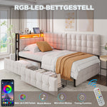 Upholstered Sofa Bed 90x200, 2 Drawers, LED Lamp, USB/Type-C Port, Beige