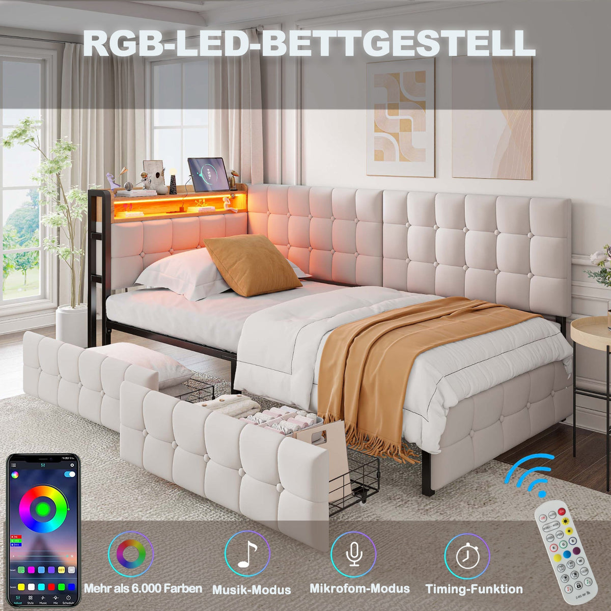 Upholstered Sofa Bed 90x200, 2 Drawers, LED Lamp, USB/Type-C Port, Beige