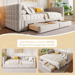 Daybed with Extendable Frame and 2 Storage Drawers, Beige Samt and MDF