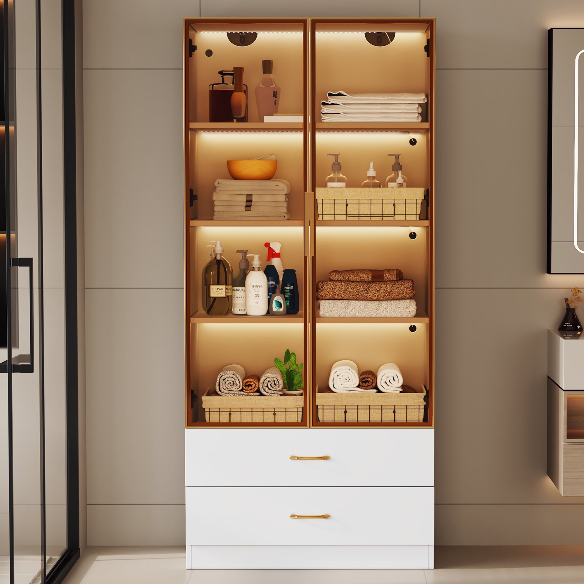 Bathroom Cabinet, 75cm, 2 Drawers & 2 Doors, Glass