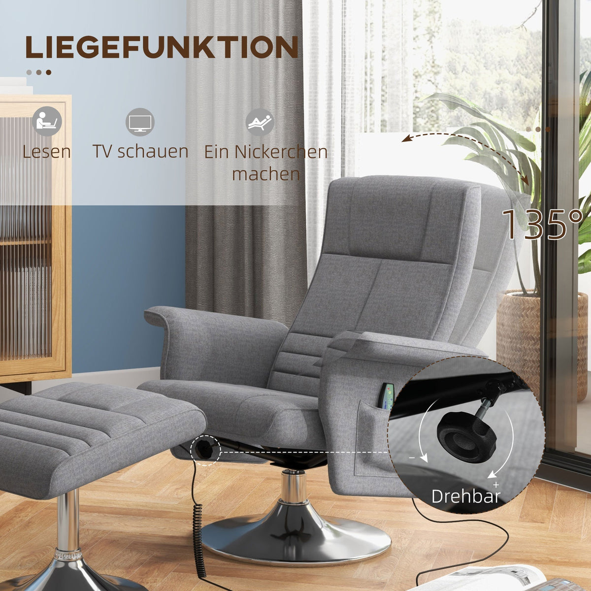 Electric Recliner Chair with Footstool, Reclining Function, Vibration Massage, Remote Control, Linen Look Dark Gray
