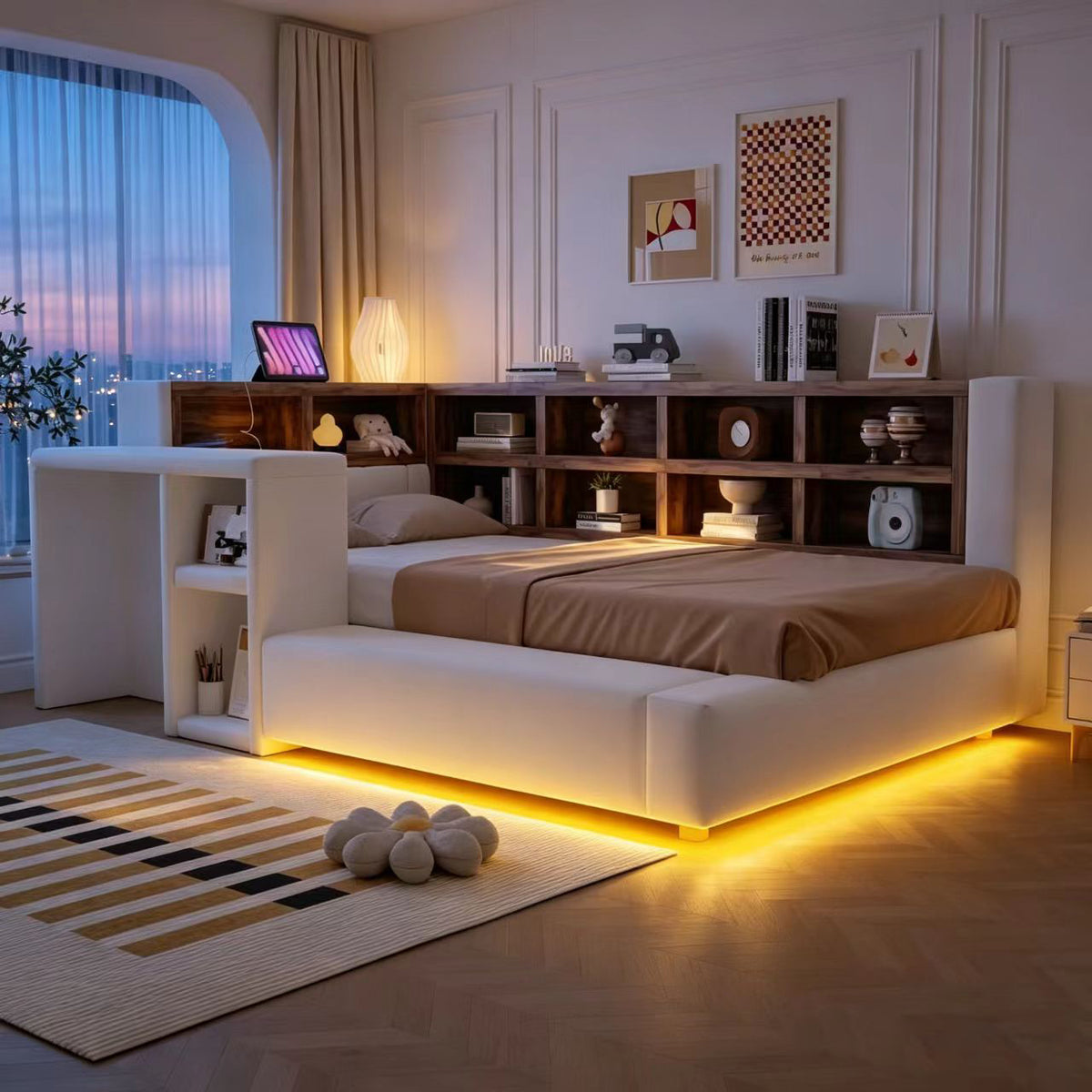 Upholstered Bed 90x200cm with Storage & LED Light, Beige