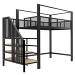 Metal Loft Bed 90x200cm with Canopy, Desk & Storage Steps, Black
