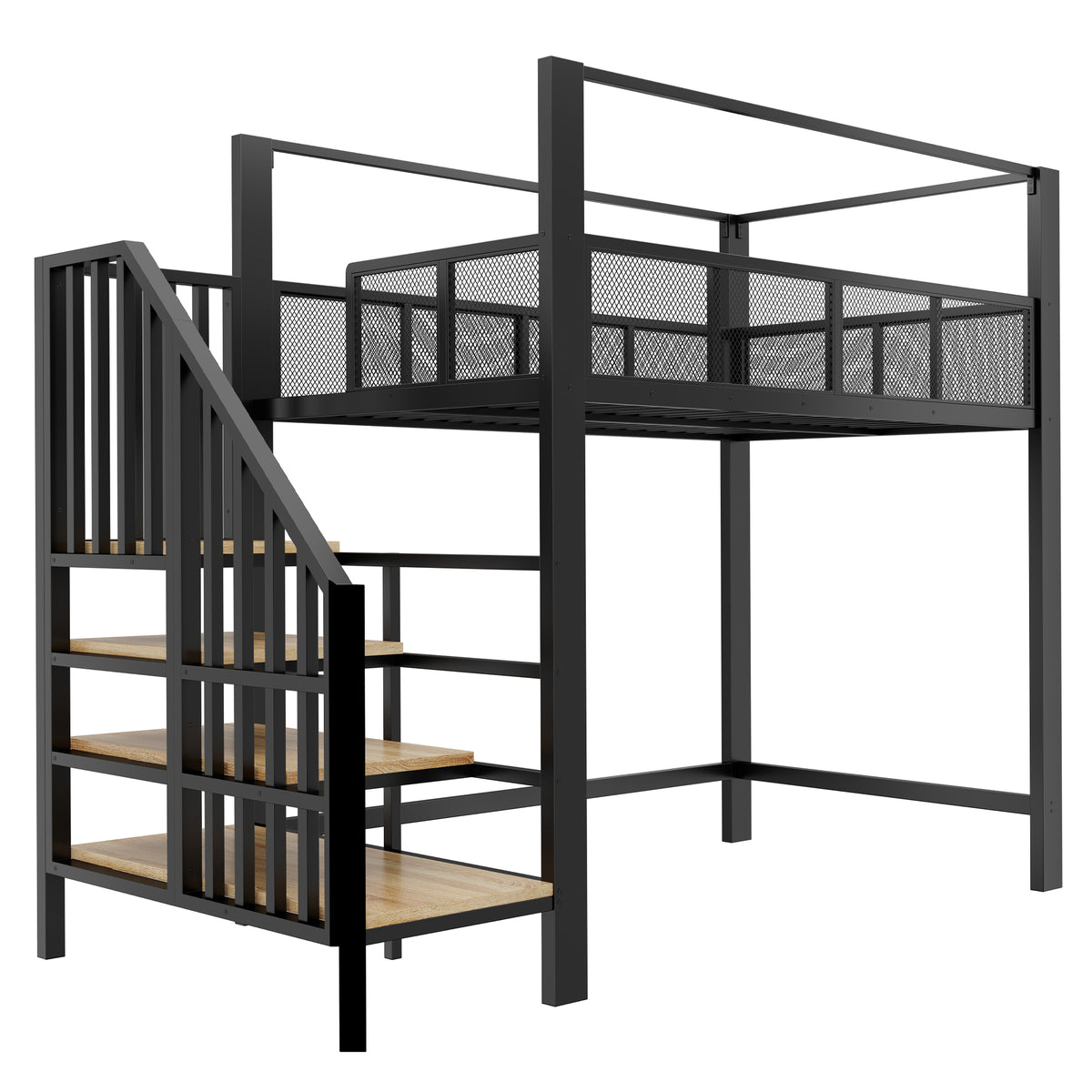 Metal Loft Bed 90x200cm with Canopy, Desk & Storage Steps, Black