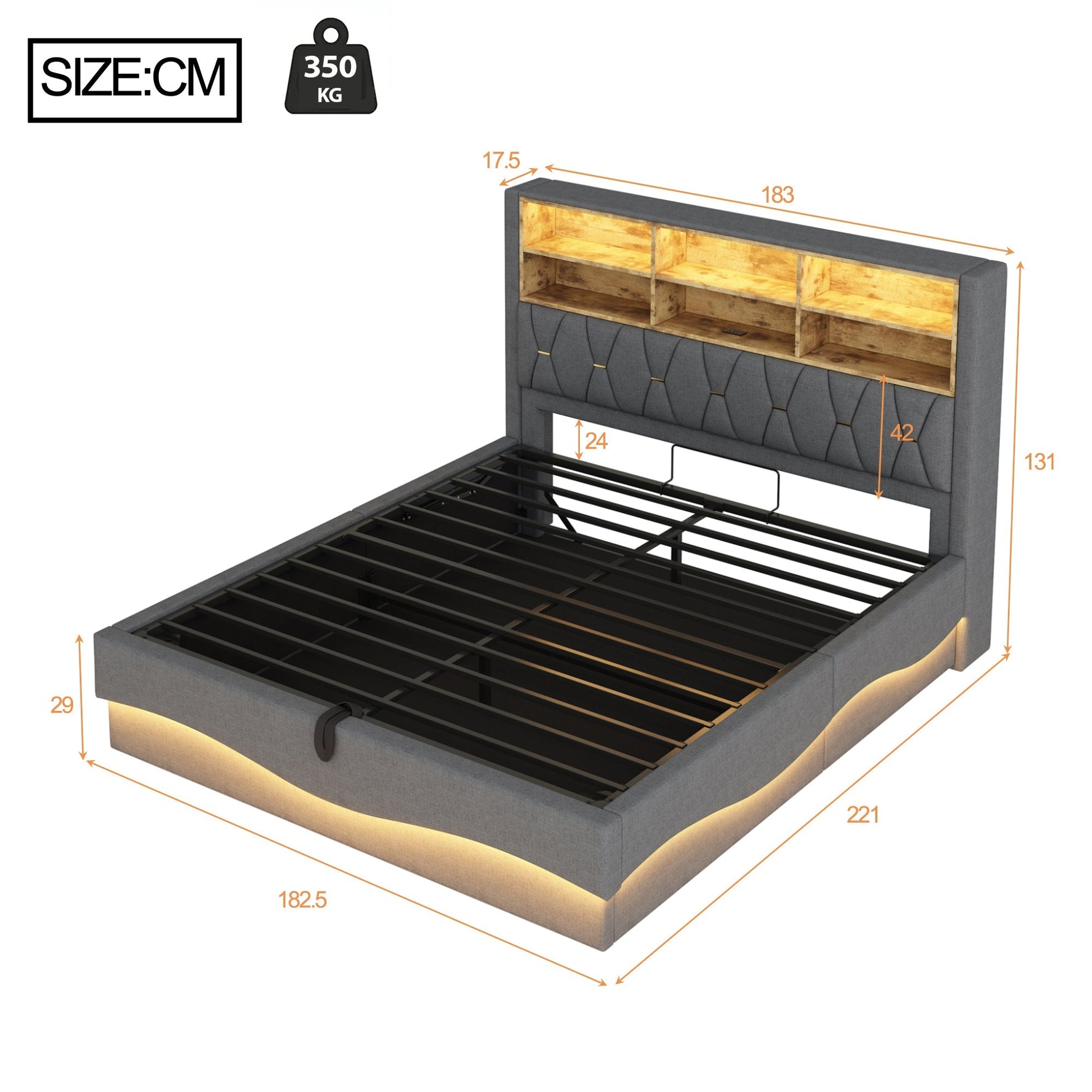 Upholstered Bed 180x200 Hydraulic Storage LED/USB Slatted Frame Linen Grey