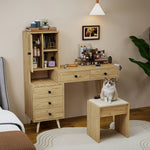Modern Dressing Table with Retractable Mirror & Stool, Natural Wood