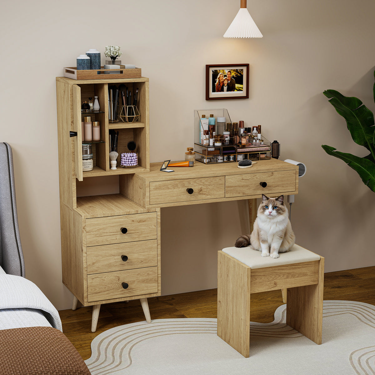 Modern Dressing Table with Retractable Mirror & Stool, Natural Wood
