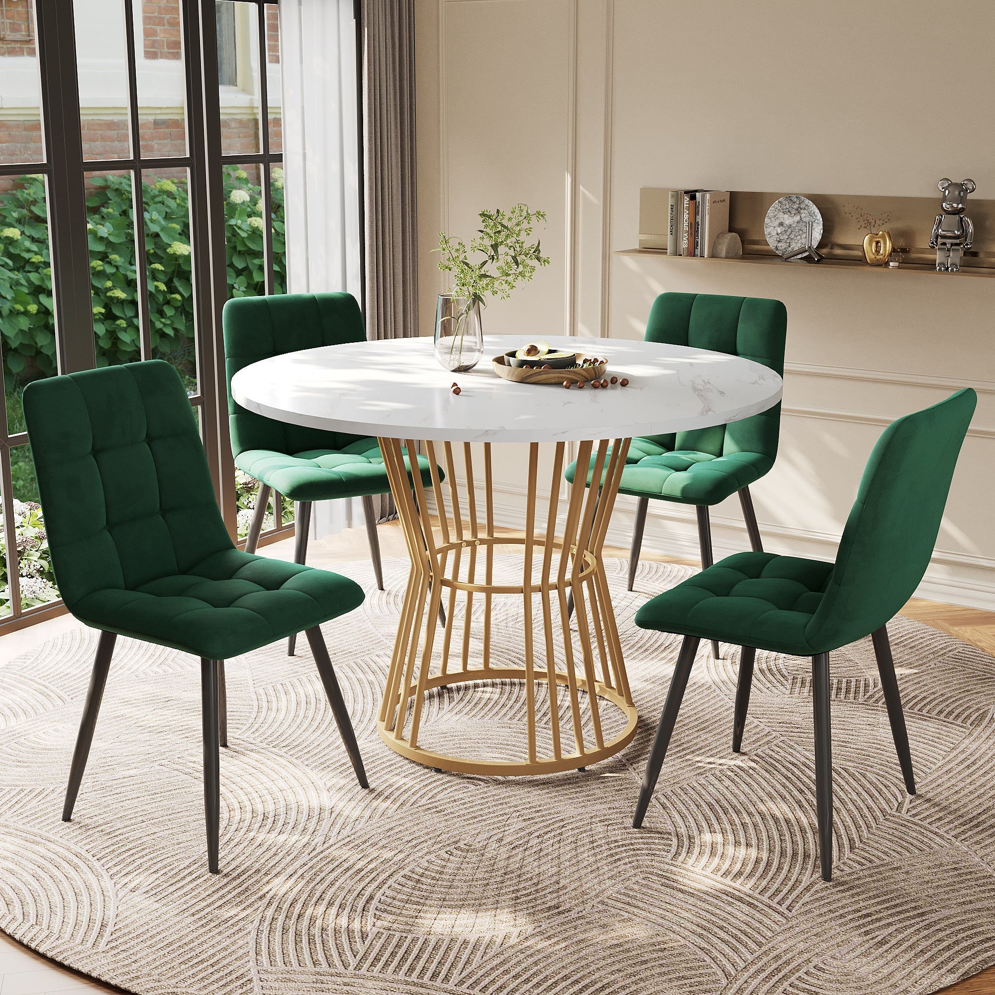 Dining Table Set 5-Piece Round 100cm Gold Metal Legs White MDF Green Velvet