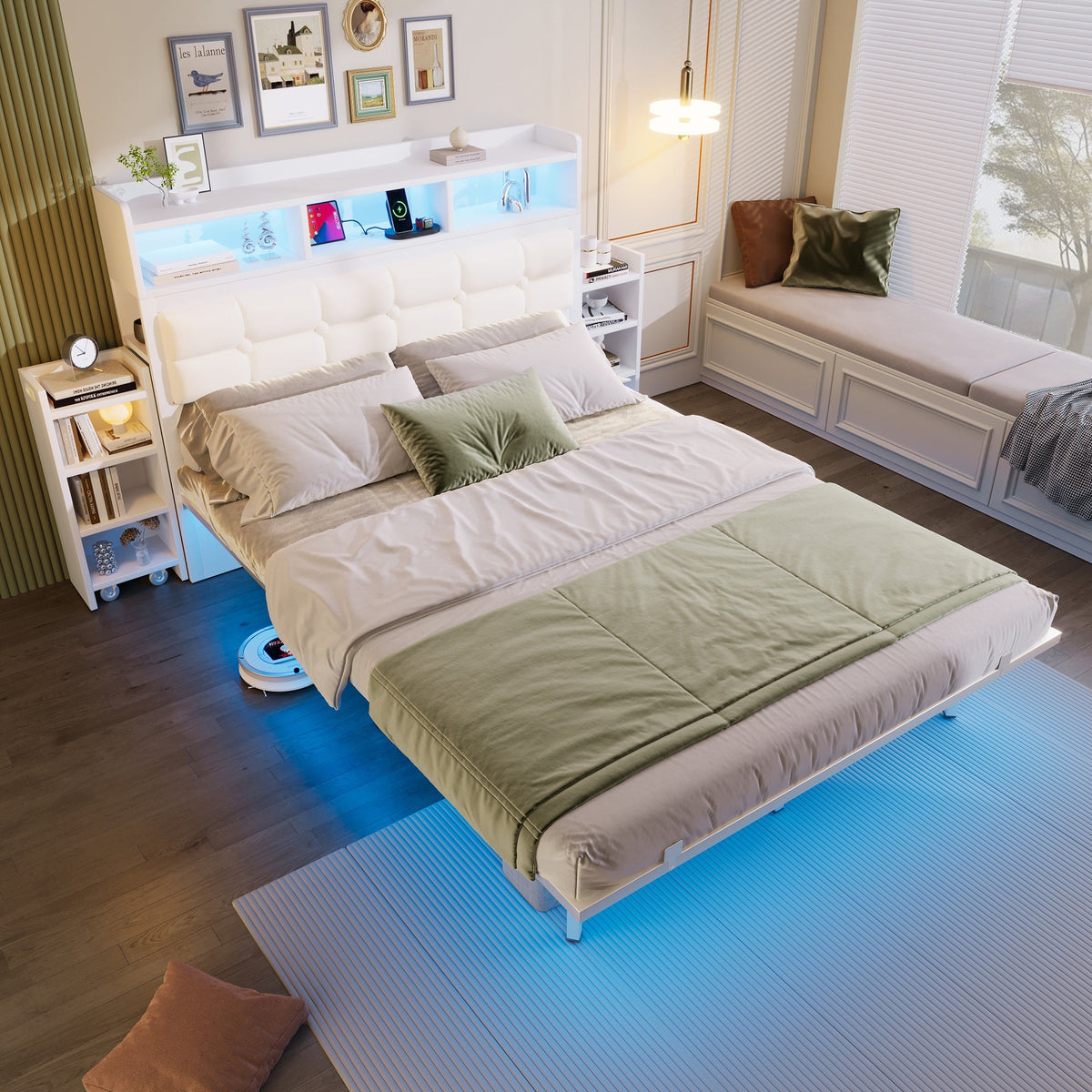 Double Bed 140x190cm 2 Pull-out Nightstands Storage USB/Type-C LED - White