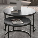 Round Coffee Table, Set of 2 Stackable Side Tables, Wood Look & Metal, Black