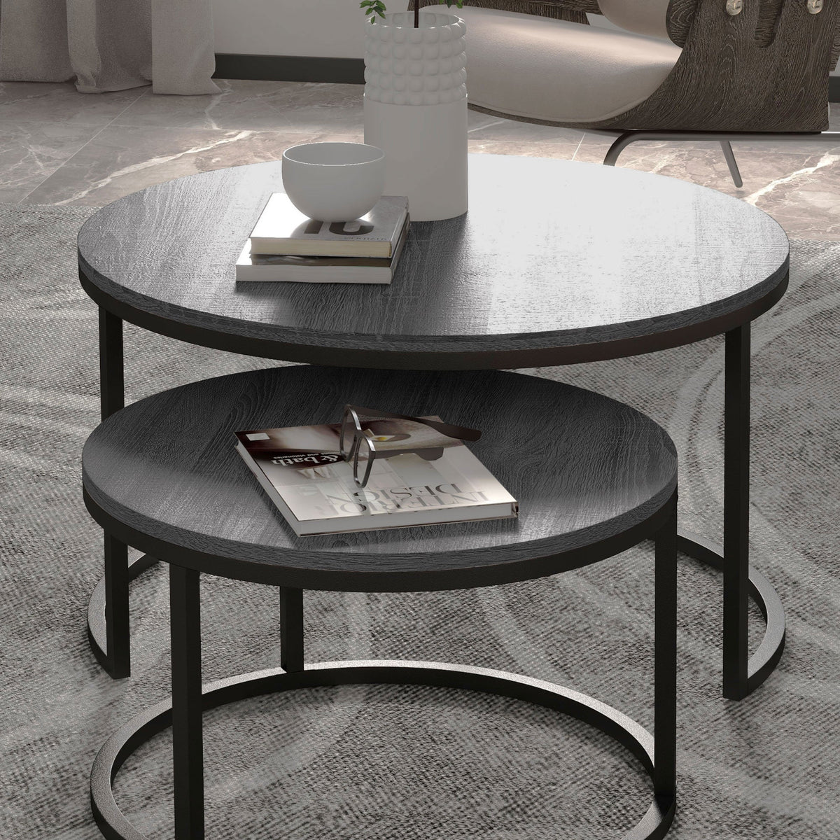 Round Coffee Table, Set of 2 Stackable Side Tables, Wood Look & Metal, Black