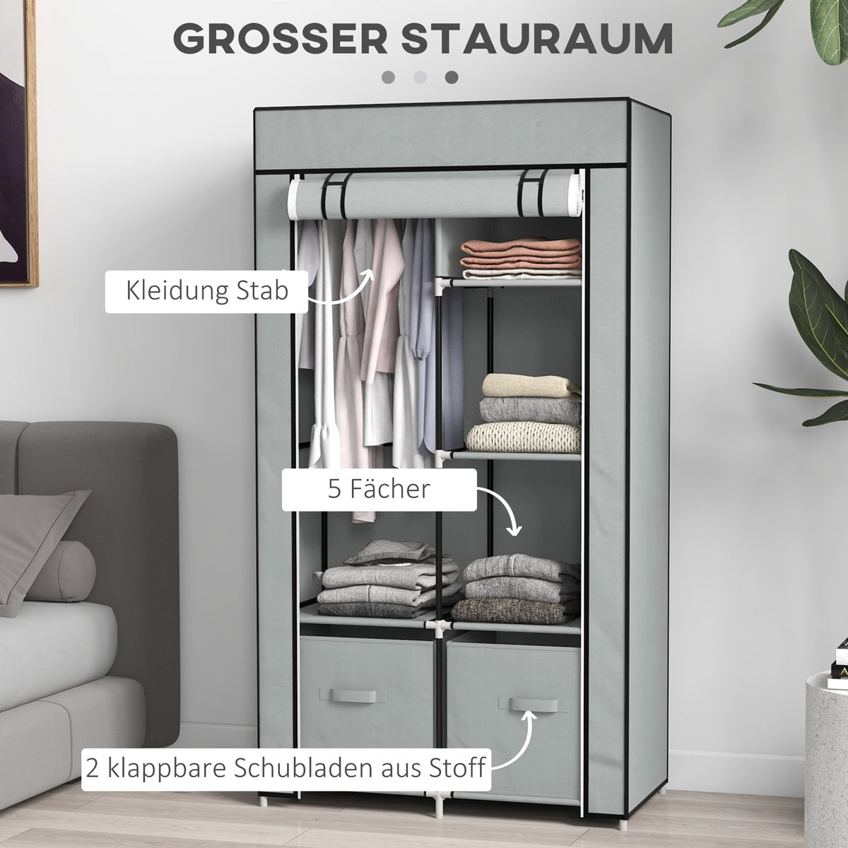 Fabric Wardrobe 5 Compartments, Clothes Rail, Light Grey