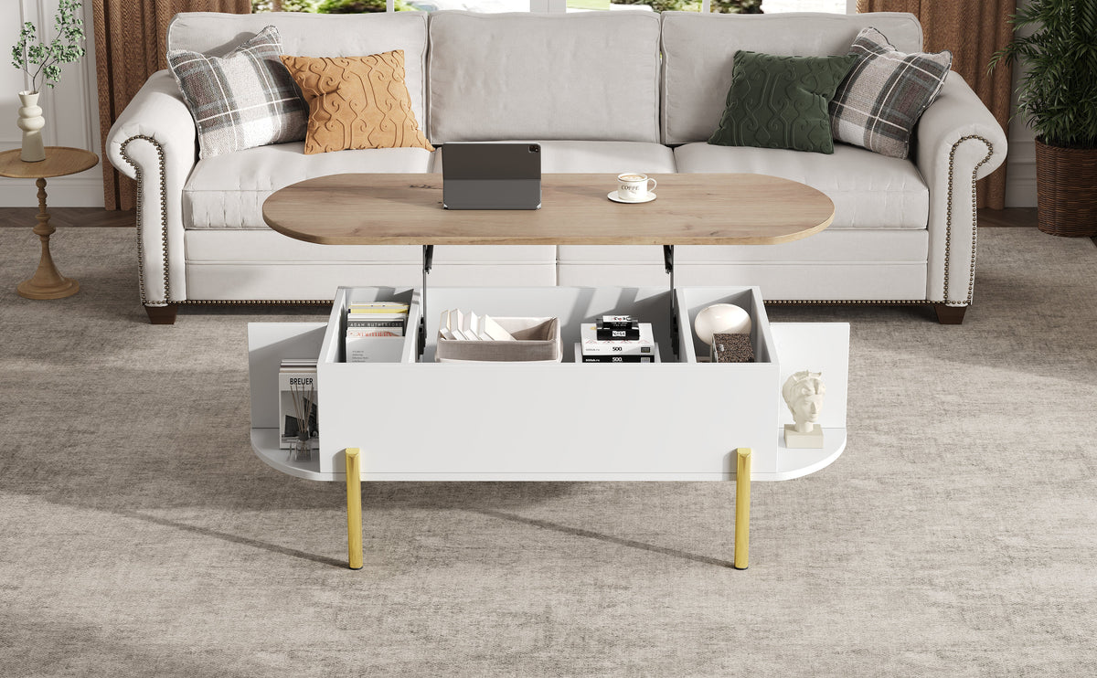 Coffee Table 120x50x43cm Height-Adjustable Hidden Storage 7 Shelves Wood/White