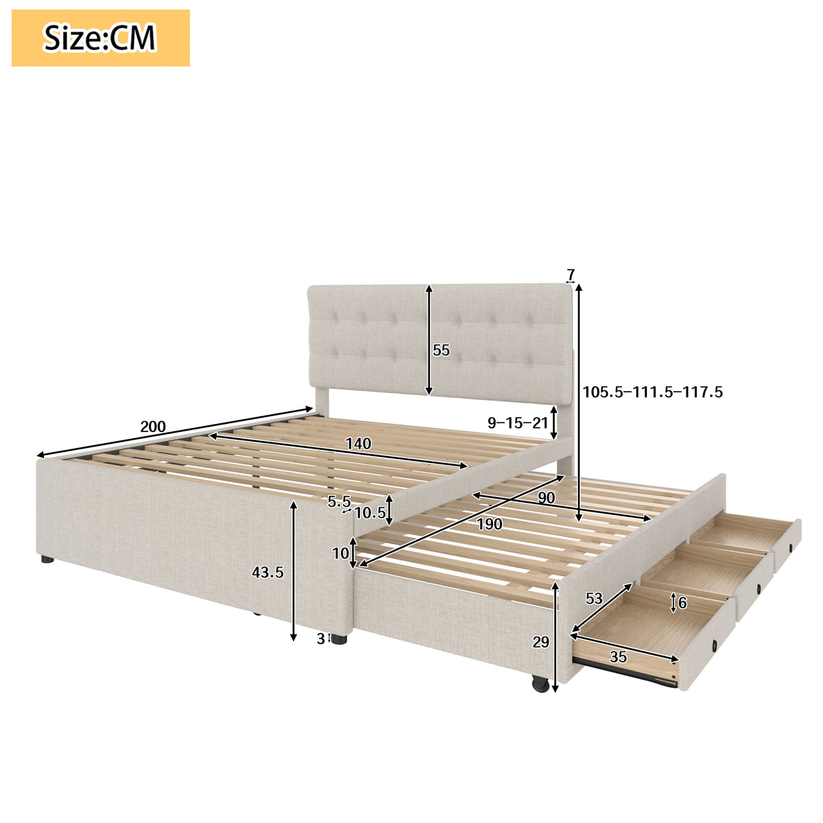 Upholstered Bed 140x200cm Extendable 3 Drawers Adjustable Headboard - Beige