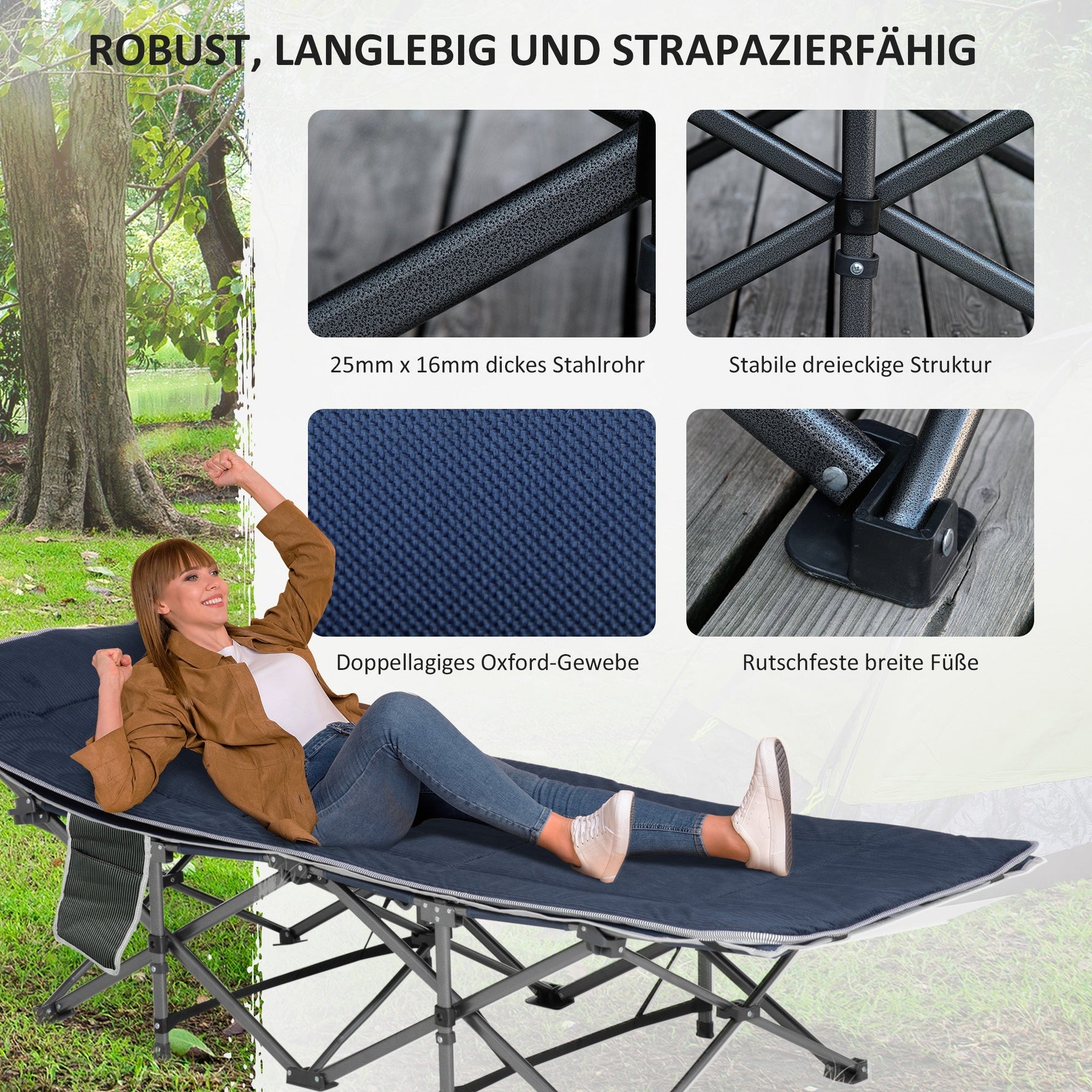Camping Bed, Foldable with Pillow, Side Pocket, 150 kg Capacity, Oxford Dark Blue