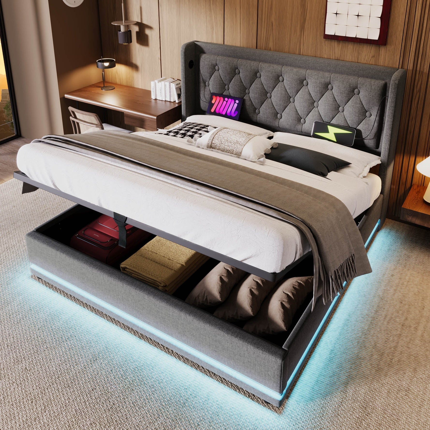 Upholstered Double Bed with Hydraulic Storage, USB Charging and LED, 180x200cm, Grey Cotton
