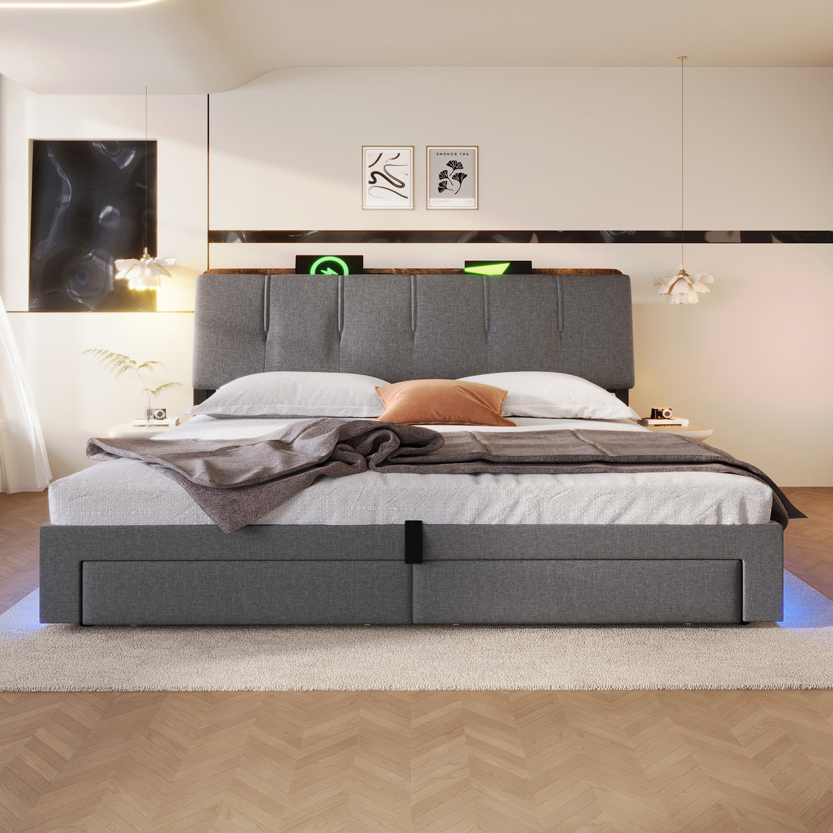 Upholstered Bed 180x200cm with Hydraulic Storage & LED, Grey Linen