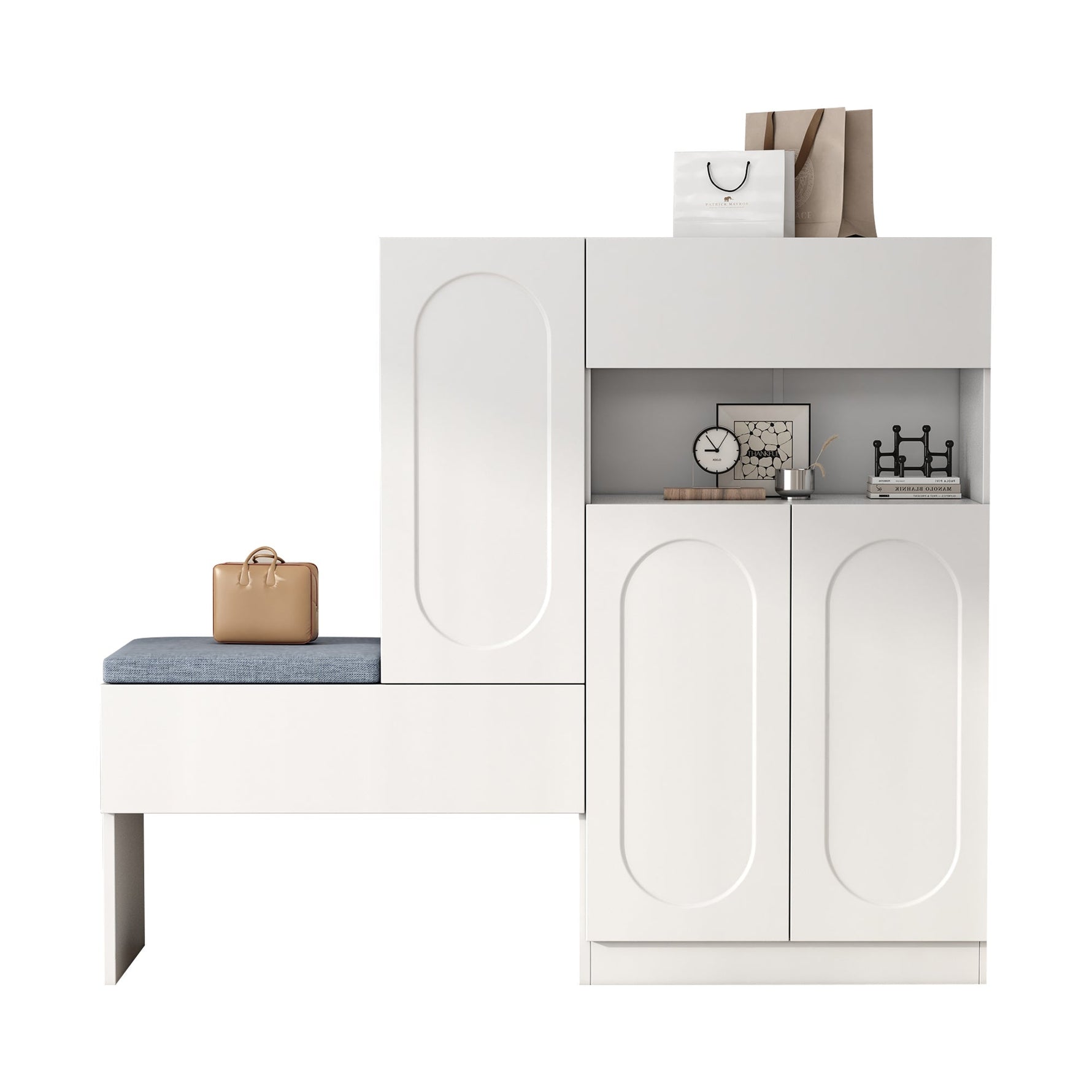Trendy 2-in-1 Shoe Cabinet with Curved Doors, Soft-Close, Adjustable Compartments, Upholstered Bench, White