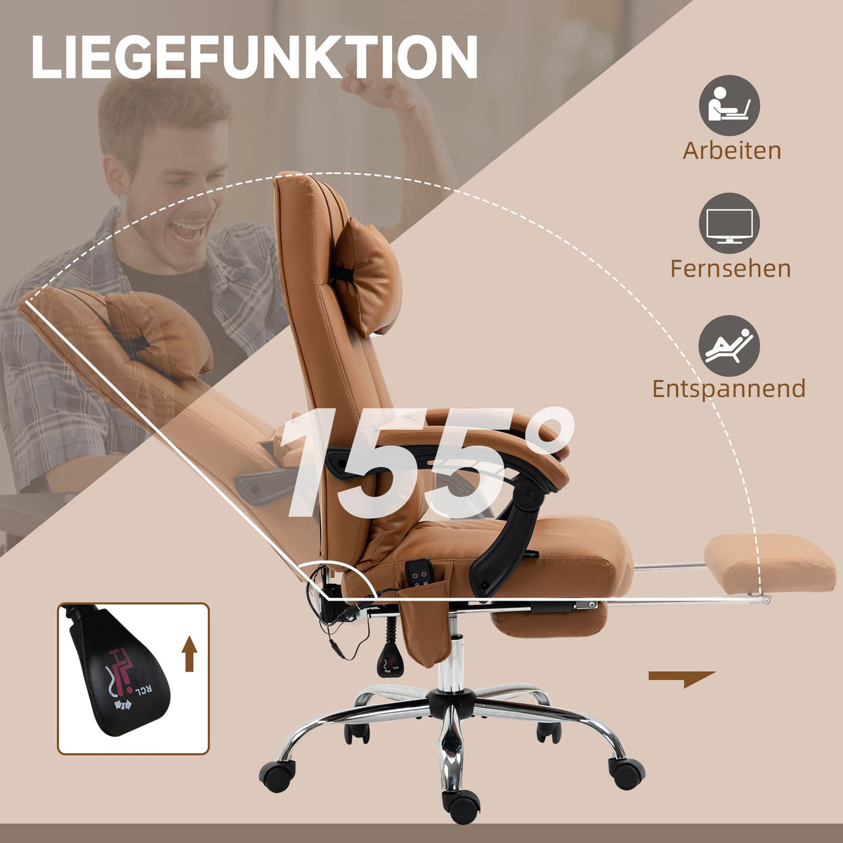 Office Chair, Massage Lumbar Heating 6-Point Faux Leather, Light Brown