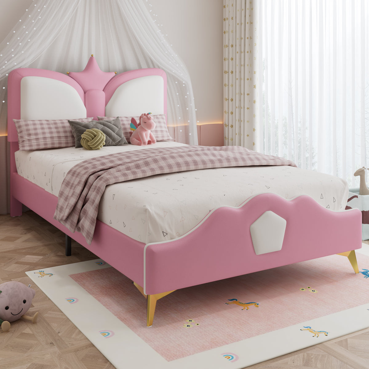 Kids Upholstered Bed 90x200cm Crown Headboard, Pink & White