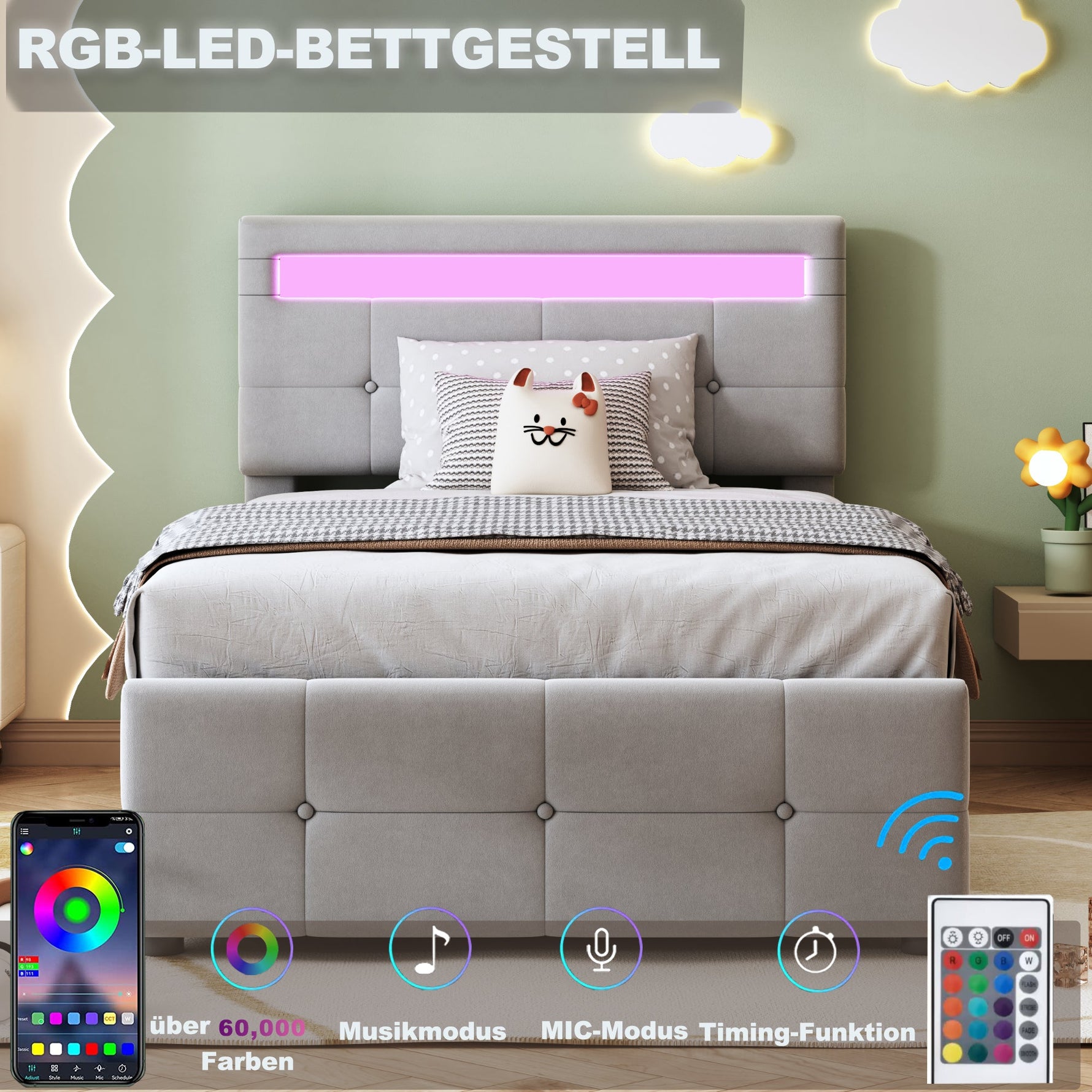 Upholstered Children's Bed, 90x200 cm with LED, Hydraulic Storage, Adjustable Headboard, Velvet Grey