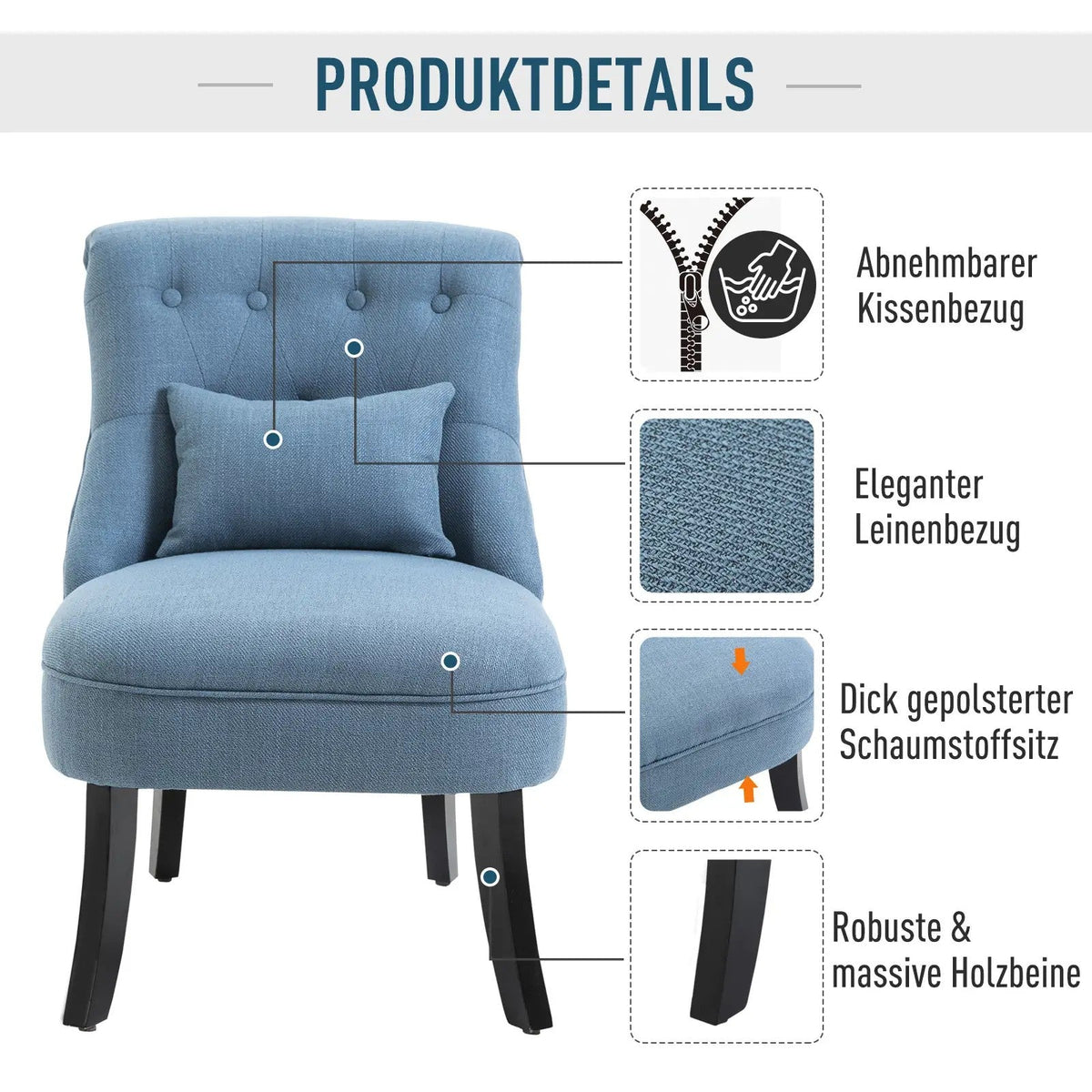 TV Armchair, Back Cushion Raised Feet, Blue Linen