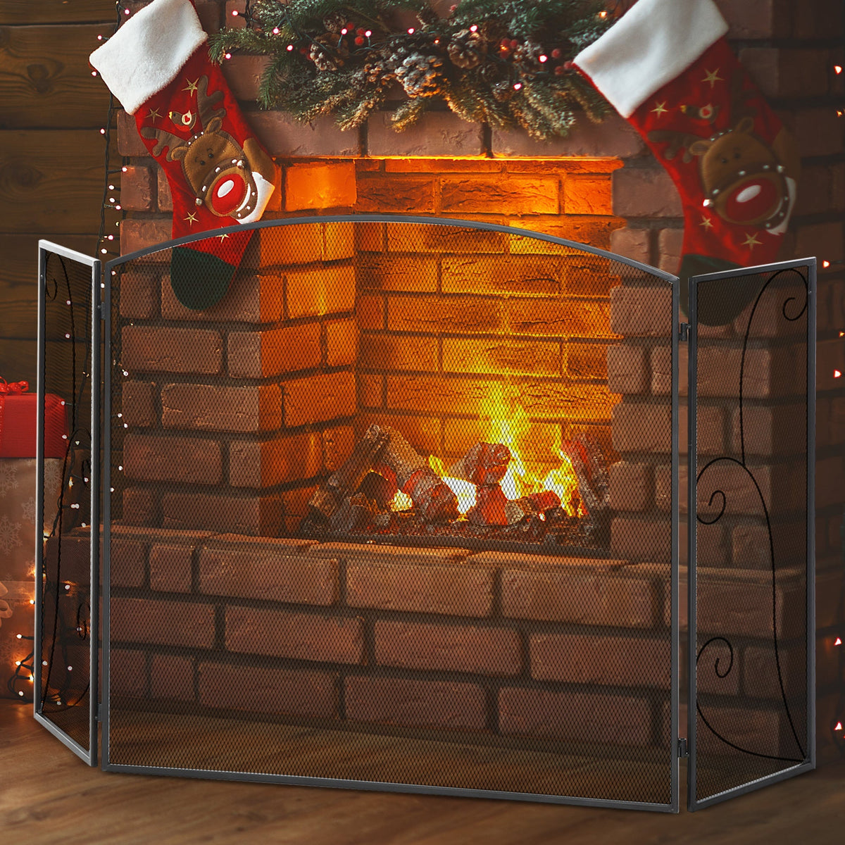 Fireplace Grate, 3-Panel Foldable Spark Guard, Metal Black