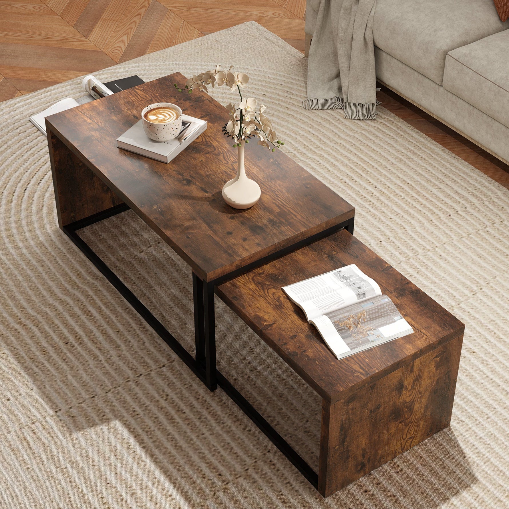 Coffee Tables, Nesting Multifunctional Various Shapes, Black and Brown Metal
