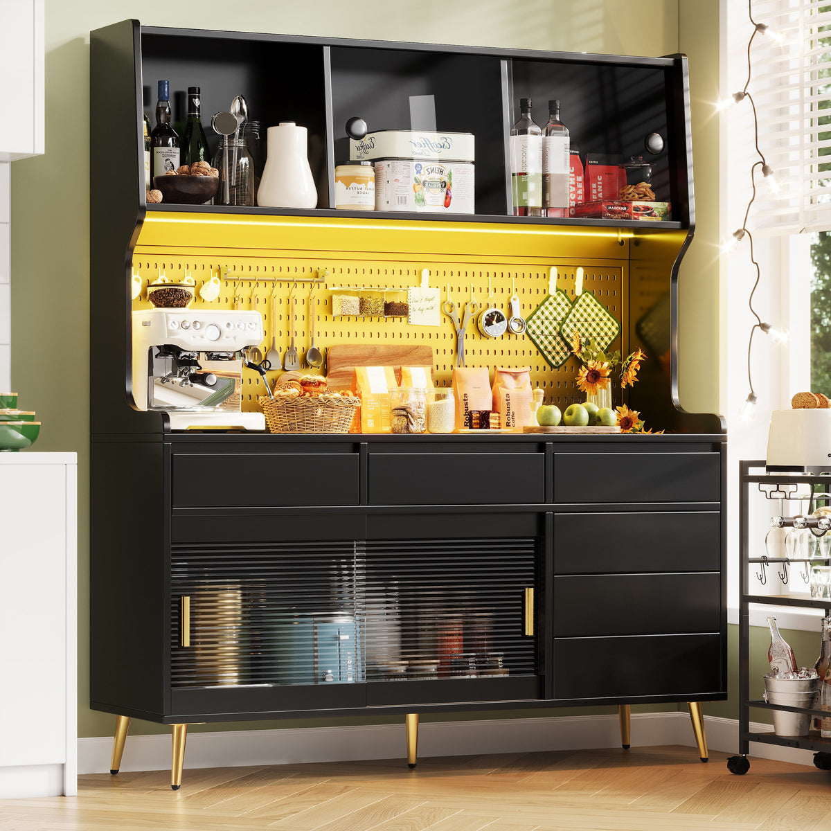 Modern Tall Cabinet with LED & App Control, Drawer, Pegboard Storage - Black