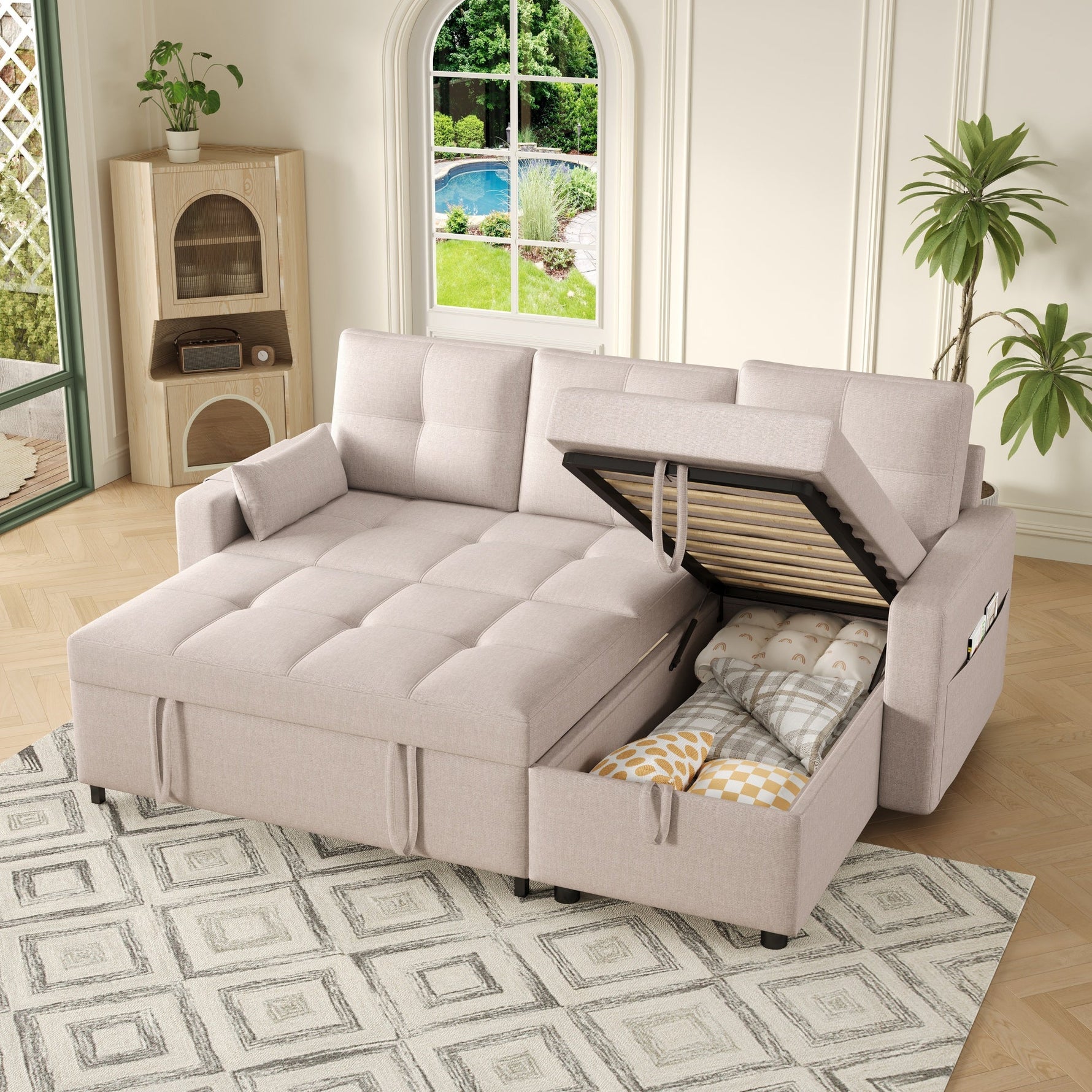 Modern L-shaped Sofa Modular Sofa Bed Pull-out with Storage & Cup Holder, Living Room