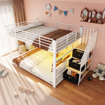 Bunk Bed 140x200 cm with Stairs, Storage & LED Light, White Metal
