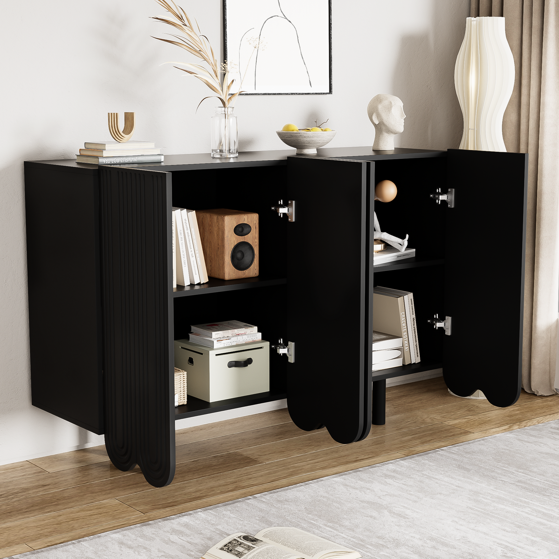 Sideboard with Teardrop-Shaped Molded Doors and Buffer Hinges