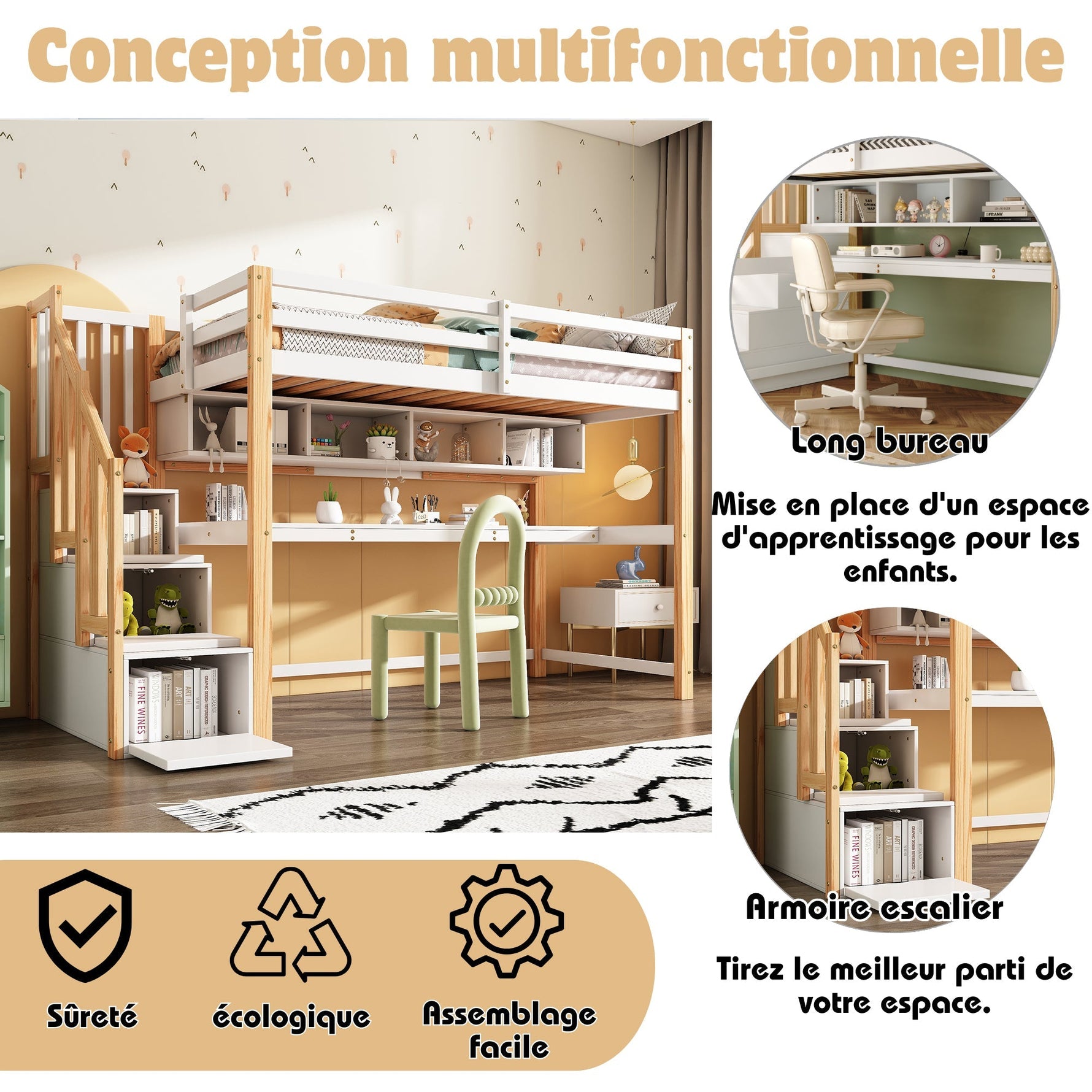Children's Loft Bed, Large Desk & Shelves, Environmentally Friendly, Natural & White